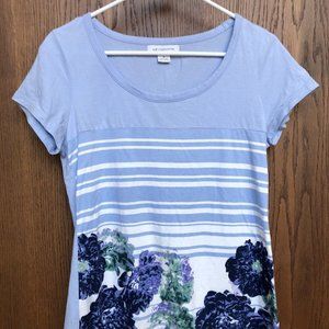 Liz Claiborne Women's Floral Flower T-Shirt Medium Blue Purple White Stripes